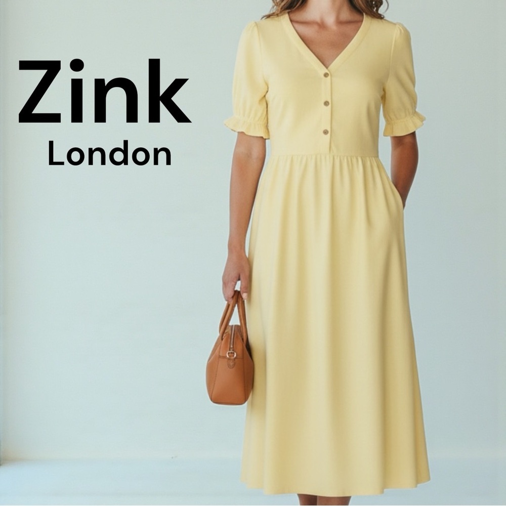 Zink London Yellow Puff Sleeve Midi Dress Side Zip Pockets Fully Lined Small